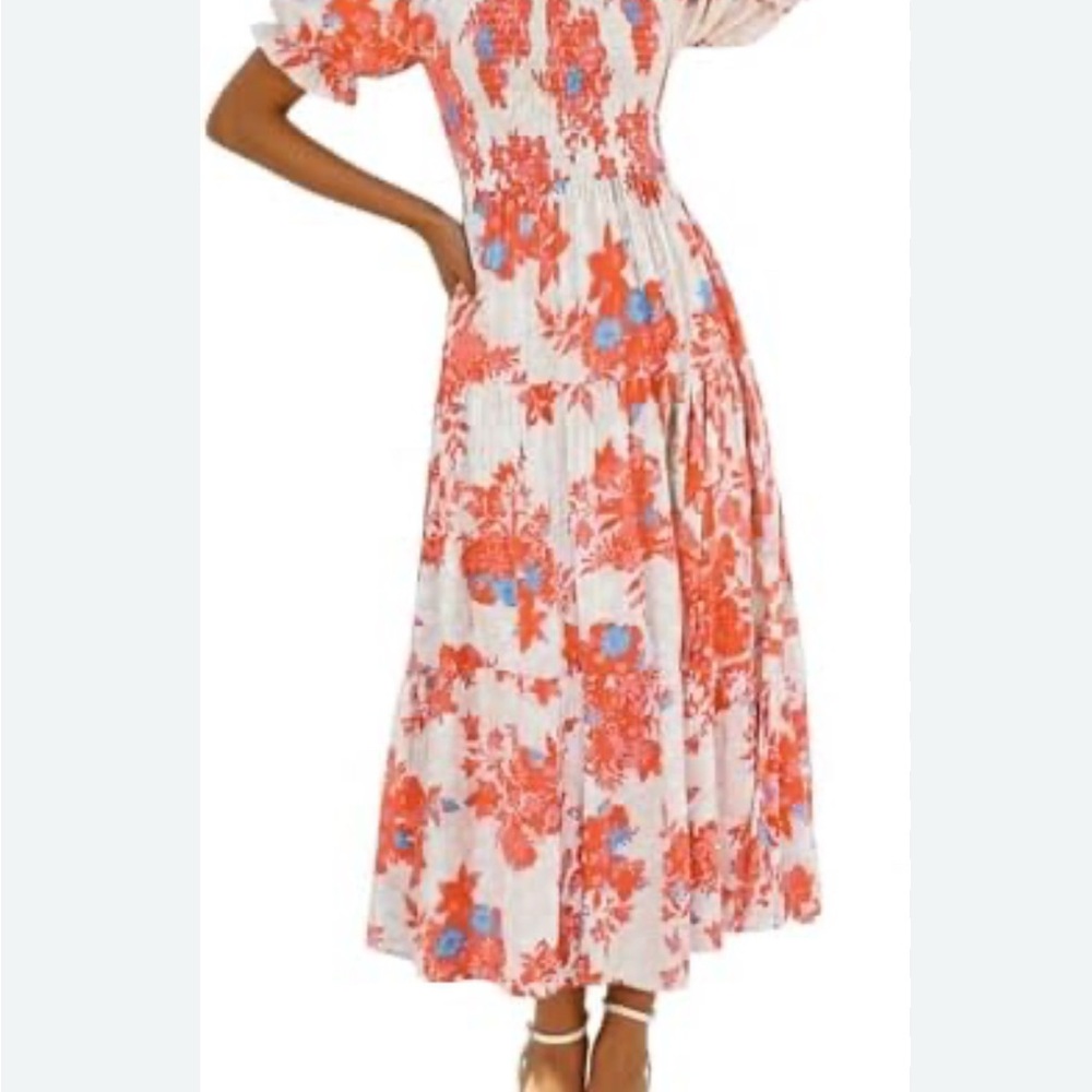 White Midi Dress with Coral and Blue Floral Print